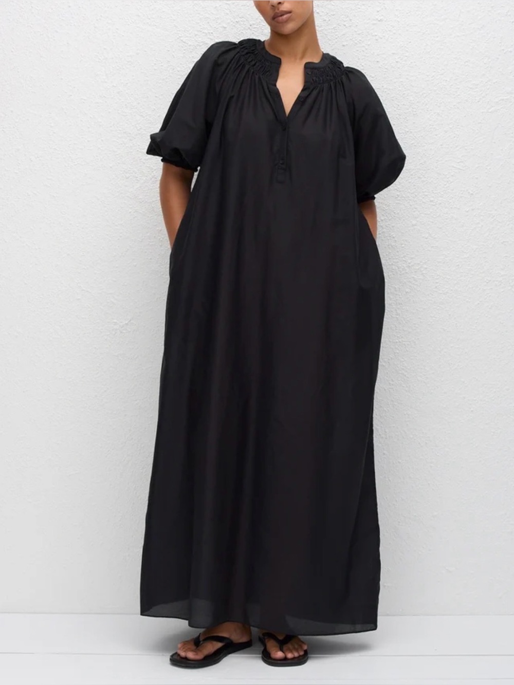 Matteau Black Maxi Smocked-Neck Dress